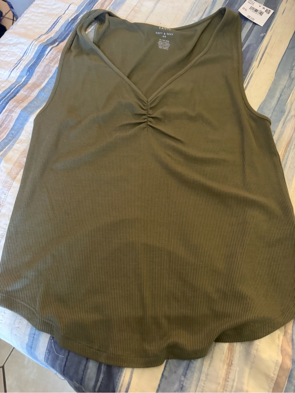 American Eagle Outfitters Olive Green V-Neck Ruched Ribbed Tank
